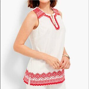 Talbots 100% Cotton Sleeveless Blouse - White with Red embroidery
